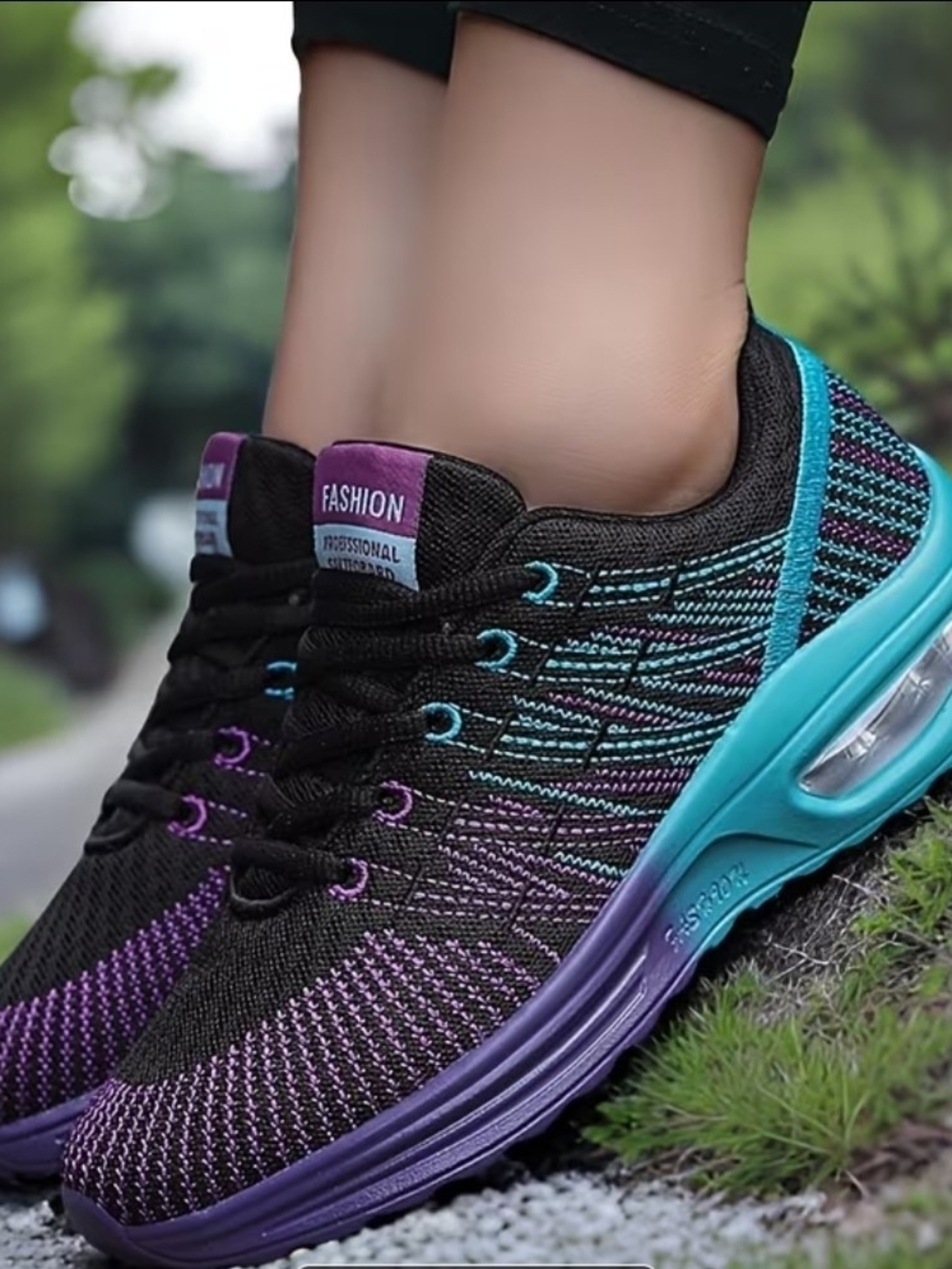 Women's Black & Purple Knit Athletic Sneakers With Shock Absorbent Bottom
